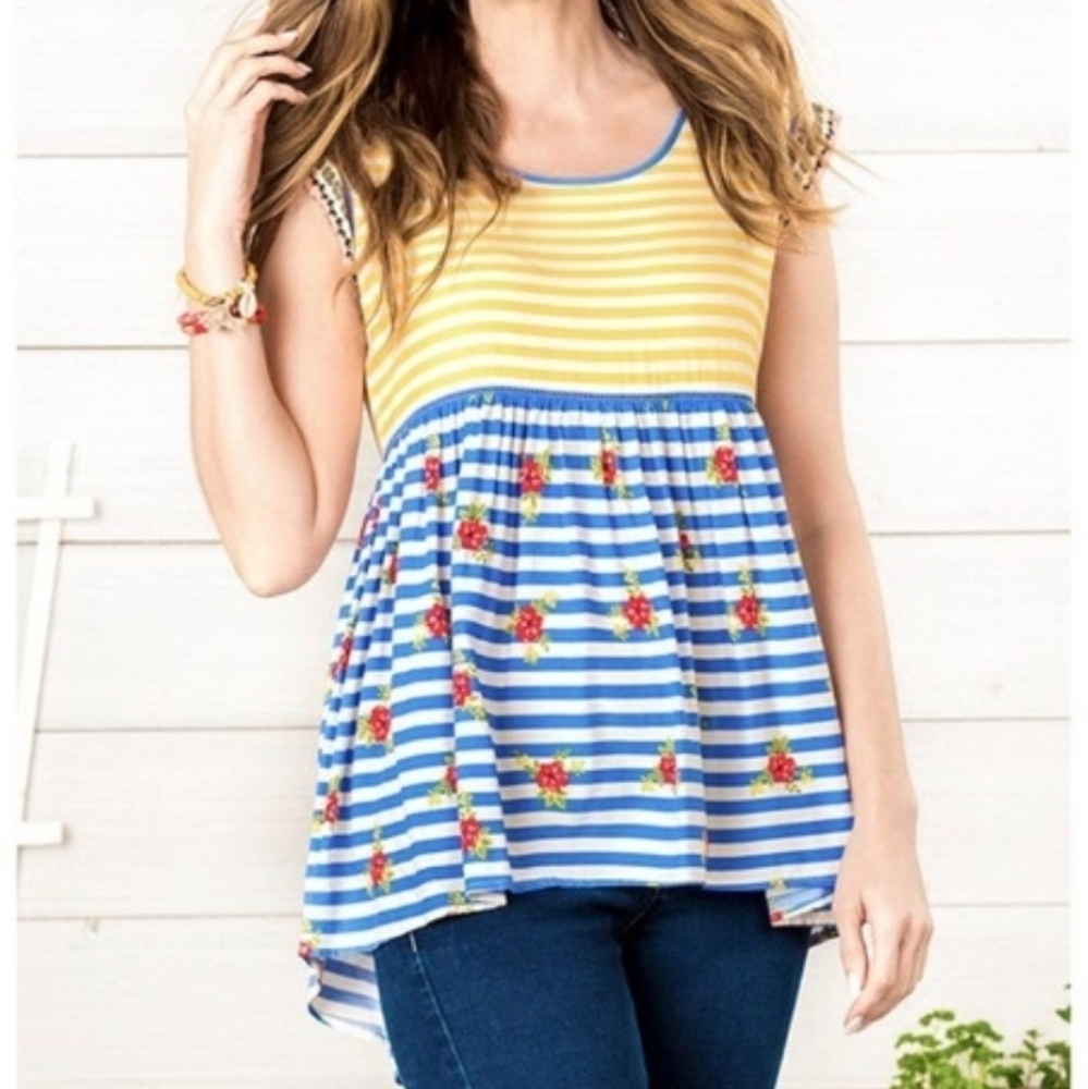 Matilda Jane Adventure Begins On My Mind Top Size Medium Sleeveless Cap Striped